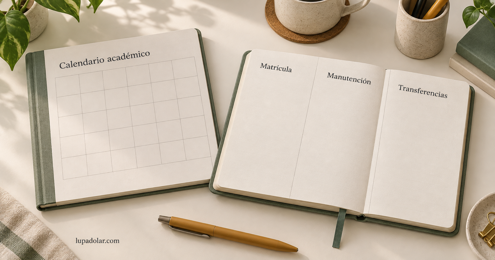 Ilustración editorial de un calendario académico y un presupuesto con columnas separadas para matrícula, manutención y transferencias