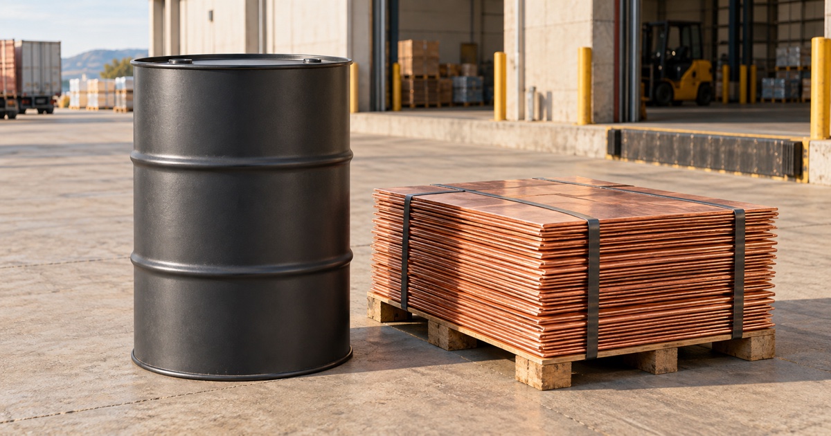 Ilustración conceptual de un barril de petróleo junto a placas de cobre en un área industrial con luz natural