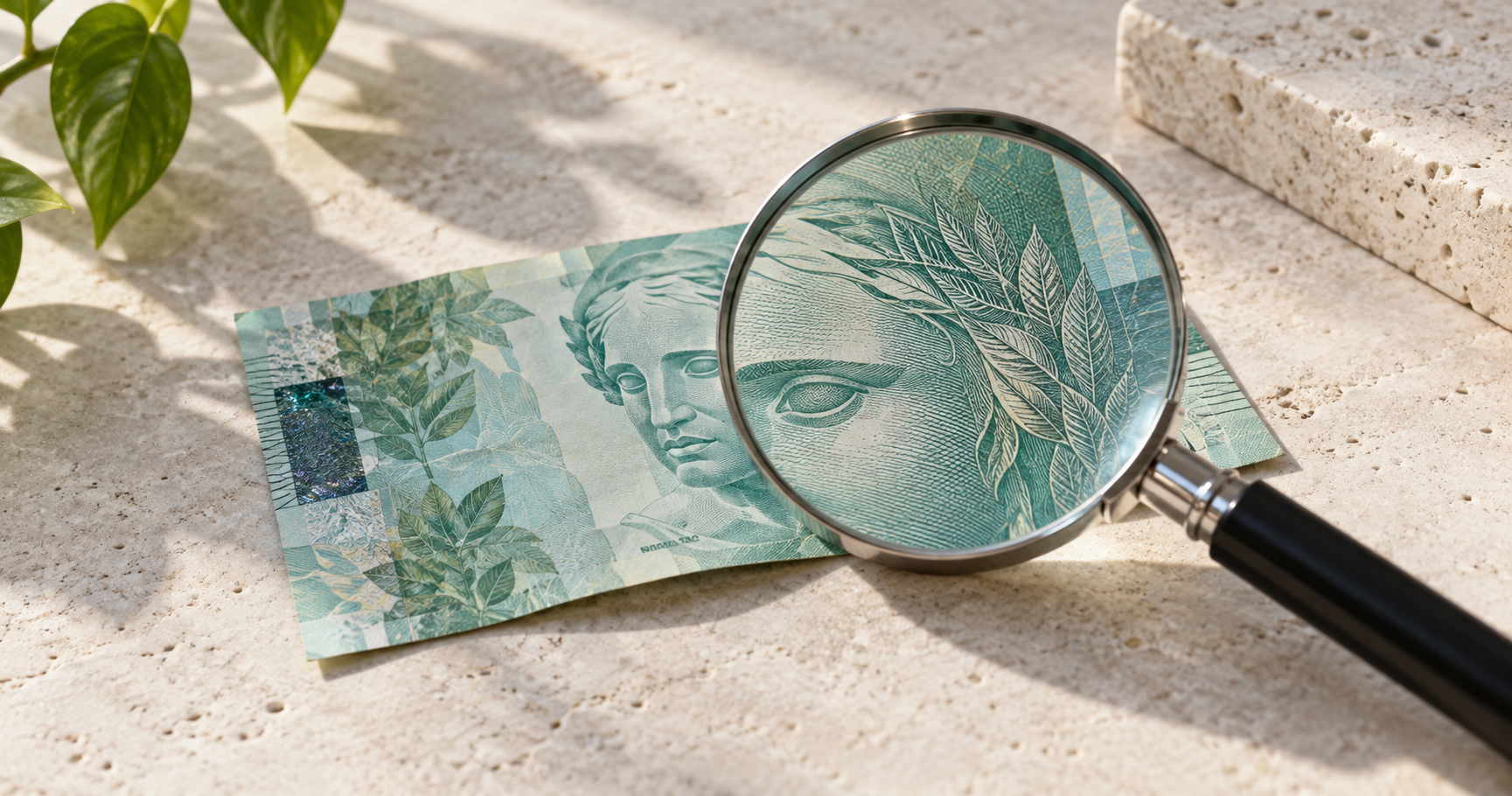 Ilustración editorial de un billete de real brasileño observado mediante una lupa sobre piedra marfil