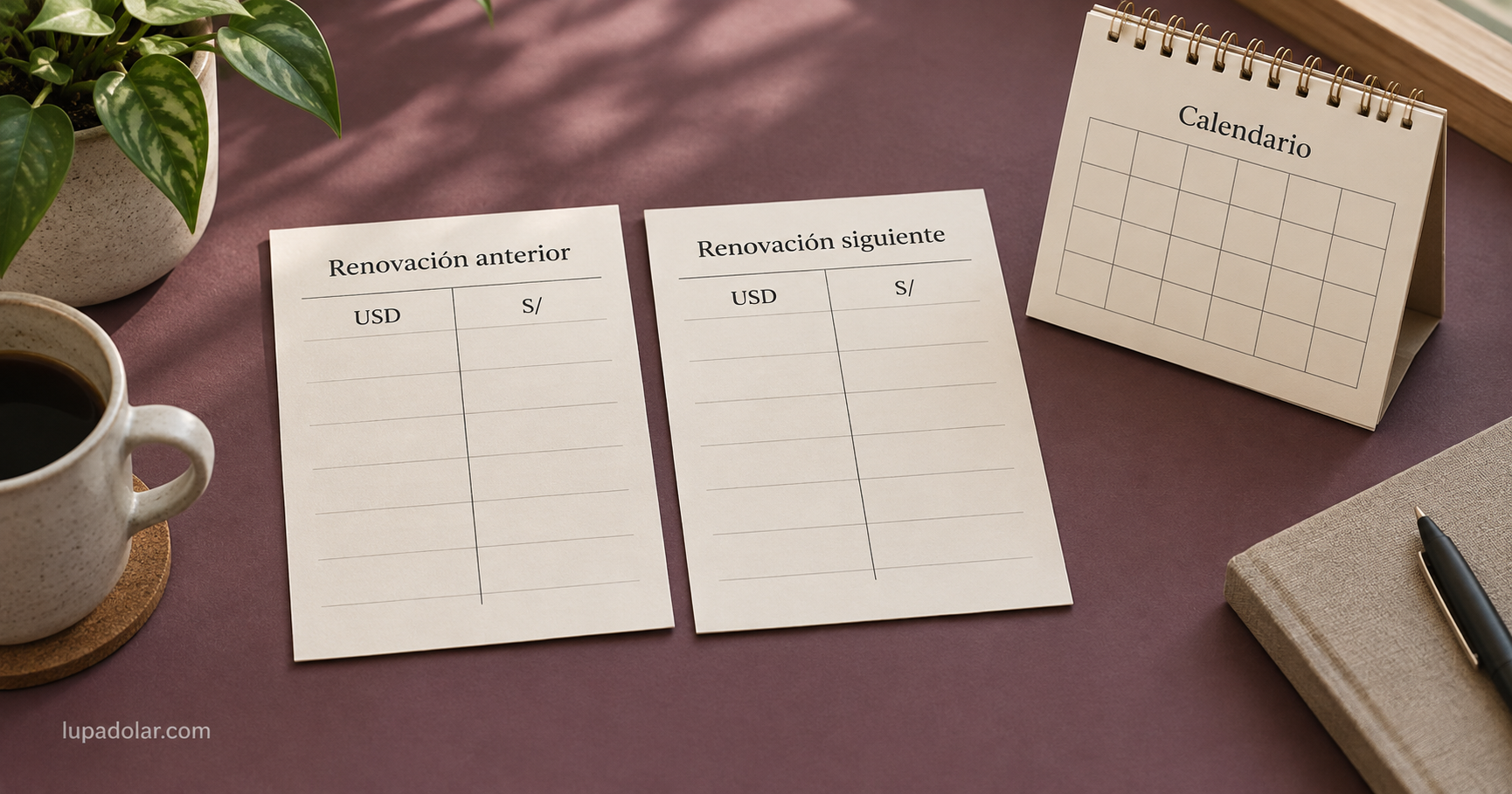 Ilustración editorial de dos renovaciones de una suscripción junto a un calendario y columnas de importes en dólares y soles